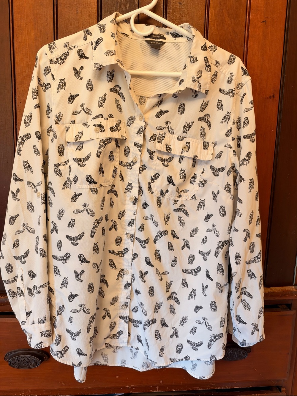 Eddie Bauer Women’s White Button-Up Shirt with Black Owl Print